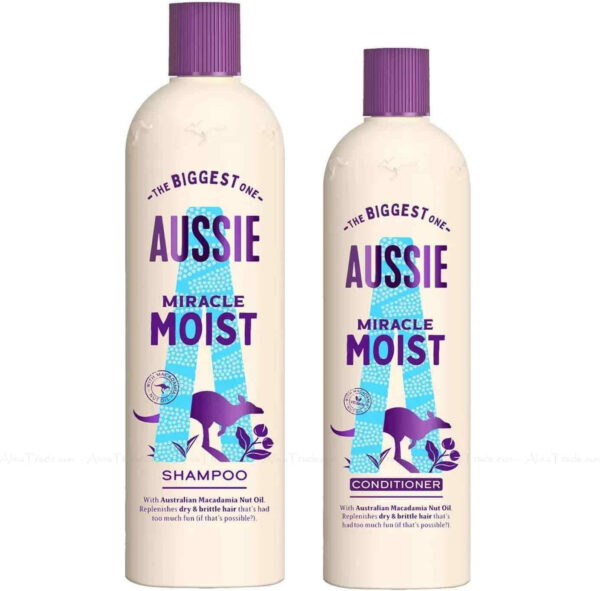 Aussie Miracle Moist XL Shampoo and Hair Conditioner Set for dry, really thirsty hair with Macadamia nut oil, a 750 ml Aussie Moist Shampoo and a 500 ml Moist Hair Conditioner
